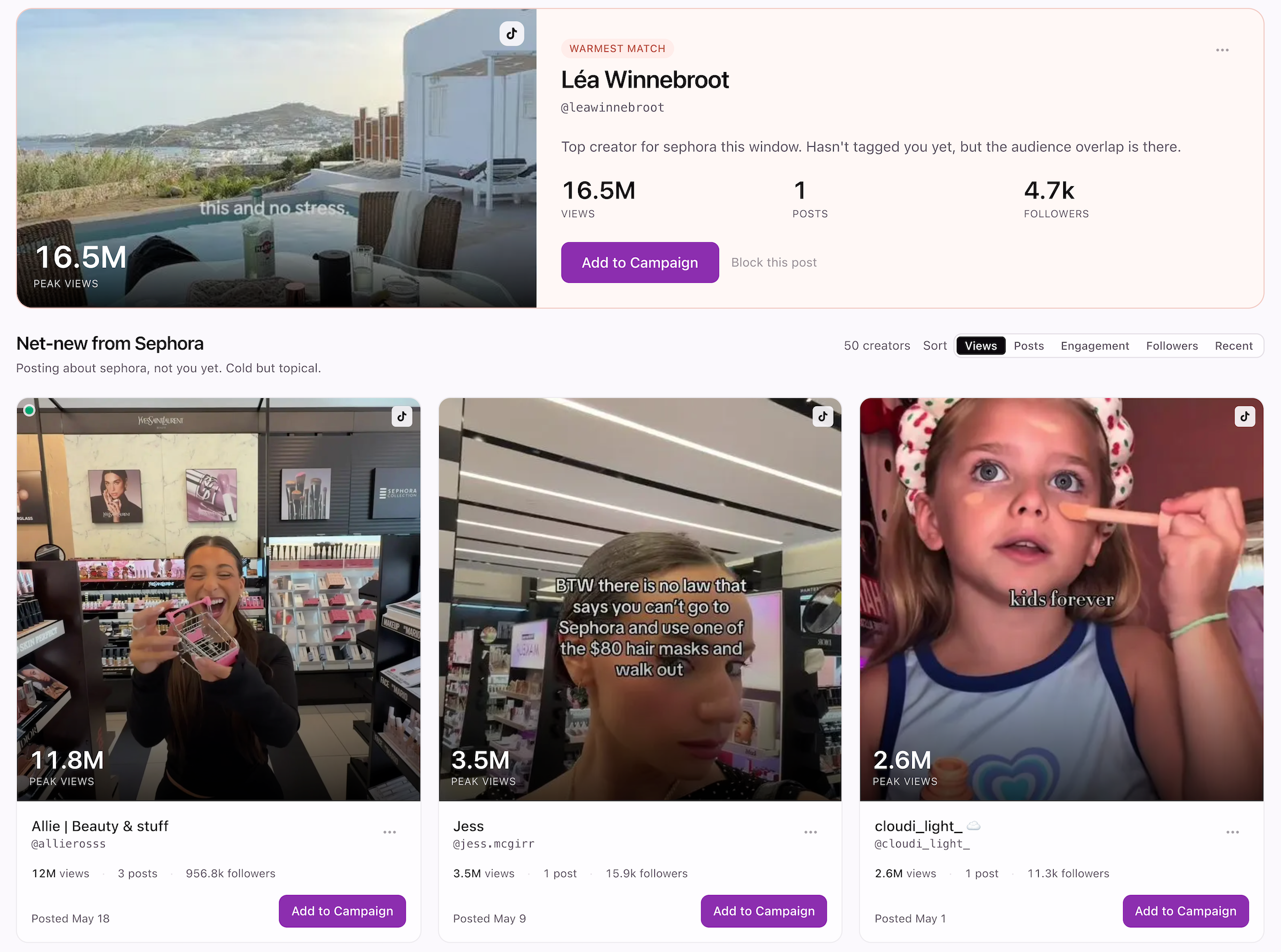 Competitor listening view showing creators posting about competitor brands and overlap with your roster